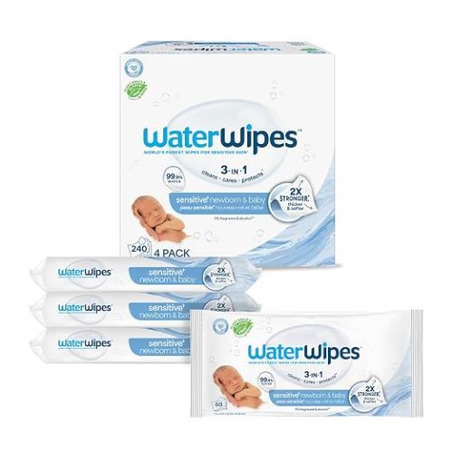 WaterWipes Sensitive+ Newborn & Baby Wipes, 3-In-1 Cleans, Cares, Protects, 99.9% Water, Unscented & Hypoallergenic, 240 Count (4 Packs)