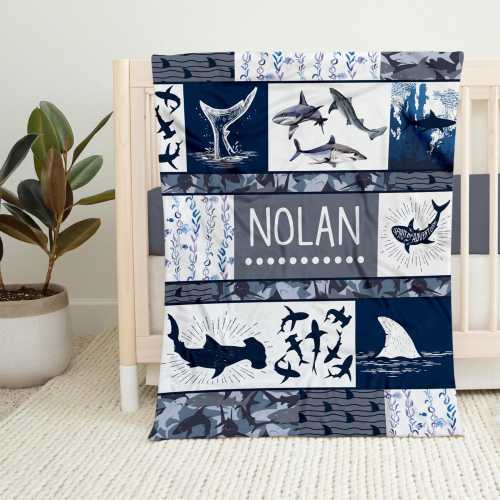 Personalized Shark Baby Blanket, Ocean Adventure Shark Theme, Baby Shower Gift, Toddler Crib Blanket, Lightweight Silky Soft Minky Fleece