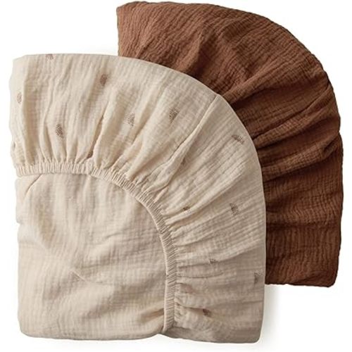 Blissful Diary Muslin Mini Crib Sheets, Pack and Play Mattress Sheets Fitted for Pack N Play, Soft Cotton for Boys Girls, 2 Pack(Sunshine&Brown)
