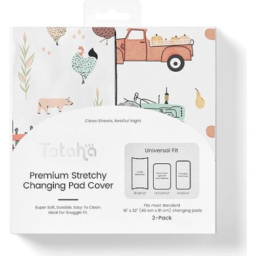 TotAha Premium Stretchy Changing Pad Cover for Baby Girl Boy, Hypoallergenic, Buttery Soft, Silky Comfort, Diaper Changing Table Cover Pad Sheets Fitted 16 x 32, 2-Pack(Farm & Pumpkin)