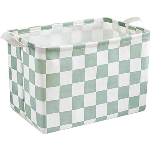 Sage Green Checkered Canvas Basket, Rectangular Organizing Decorative Storage Basket for Kids, Dog Toy, Cute Aesthetic Checkered Room Decor for Home, Kitchen, Bedroom, Classroom, Shelves