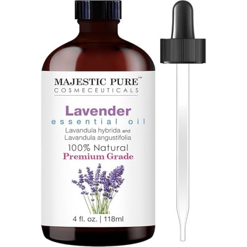 Majestic Pure Lavender Essential Oil with Glass Dropper | 100% Pure and Natural Lavender Oil | Premium Grade Essential Oils for Diffusers, Skin, Aromatherapy, Massage | 4 Fl Oz