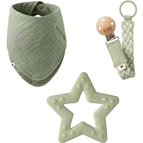 BIBS My First 6 Months Gift Set | Includes Cloth Bib, Pacifier Clip and Bitie Teether | Ivory
