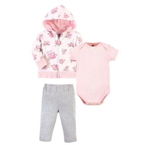 Hudson Baby Infant And Toddler Girl Cotton Hoodie, Bodysuit Or Tee Top And Pant Set, Pink Floral Baby, 6-9 Months