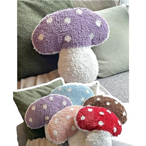 Mushroom Throw Pillow Tufted Decorative Cushion 15” x 15” – Decor for Bed, Couch, Living Room (Purple)