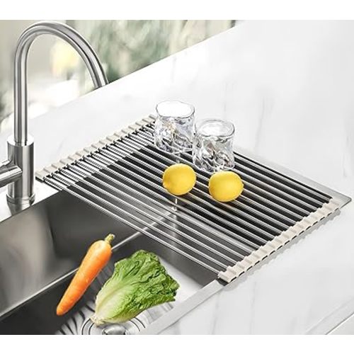 Roll Up Dish Drying Rack, 17.7" x 11.8" Over The Sink Dish Drying Rack, Kitchen Dish Rack Foldable Dish Drainer, Stainless Steel Dish Drying Rack for Kitchen Sink Counter Storage (Grey)