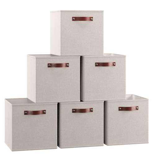6-Pack Foldable Storage Box Bins Linen Fabric Shelf Basket Cube with Leather Handles
