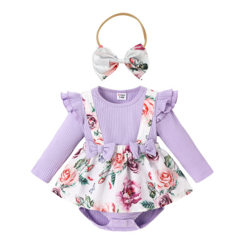 PatPat Ribbed Floral Baby Romper Dress Long Sleeve,Long Sleeve Bodysuits Infant Jumpsuit Clothes,0-18month