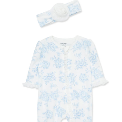 Blue Roses 2-Way-Zip Footed One-Piece And Headband