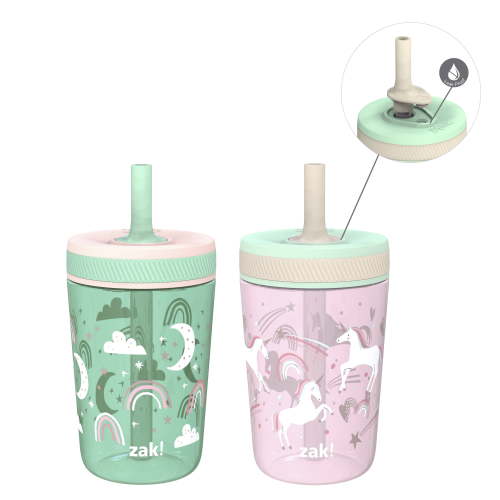 Zak Designs 15oz Plastic Sippy Cups - Leak-Proof, for Travel, Kids (Unicorn, Skies)