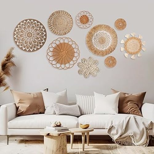 KJQJLY 9 Pcs Boho Wall Basket Decor Handmade Wicker Basket Wall Decor Set Woven Wall Baskets Boho Wall Hanging Decor for Living Rooms (Style 2, 9)