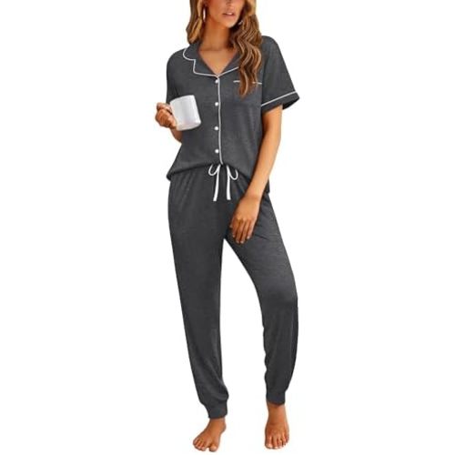 Ekouaer Women Pajama Set Short Sleeve Button Down Pjs Soft Comfy Sleepwear Nightwear with Jogger Pants