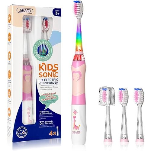 SEAGO Kids Electric Toothbrush with 2 Mins Brushing Timer and 4 Replacement Brush Heads, Rainbow LED Light Makes Brushing Fun, Boys Battery Powered Toothbrush for 4-12 Years Old，SG-977（Pink）