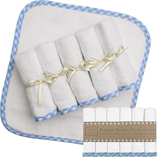 Channing & Yates - Premium Baby Washcloths - (6-Pack) Viscose Made from Bamboo Organic Baby Wash Cloths - Thick & Soft - Great for Eczema - Adult Face Washcloths (Blue on White)