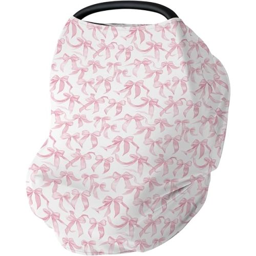 Pink Valentine's Bows Car Seat Cover for Babies Girl Bows Stretchy 5-in-1 Cover Adjustable Infant Carseat Cover Canopy Breathable Baby's First Valentine's Day Nursing Cover-Up