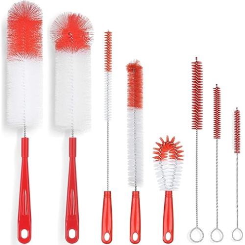 ALINK 8-Pack Red Bottle Brush Cleaner Set - Long Cleaning Brush for Narrow Neck Wine/Beer Bottles, Thermos, Hummingbird Feeder, Spout, Lids and Straws