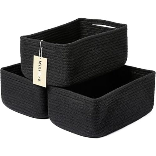 Small Storage Baskets for Organizing | Closet Organizer Bins | Shelf Toy Basket | Woven Rope Baskets | Cube Decorative Box | Shallow Basket | 13x8.5x5.1” | 3 Packs Black