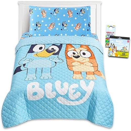 Bluey Bedding Set - Bundle with Bedspread, Flat Sheet, Fitted Sheet, Pillowcase for Twin Bed Plus Stickers, More | Bluey Bedroom Decor for Boys, Girls