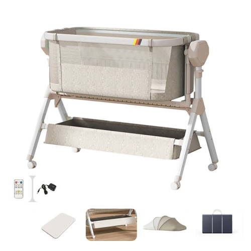 SteAnny Bassinet,Electric Rocking Bassinet,Bedside Co-Sleeper,Unisex Baby Travel Bed with Wheels(Khaki)