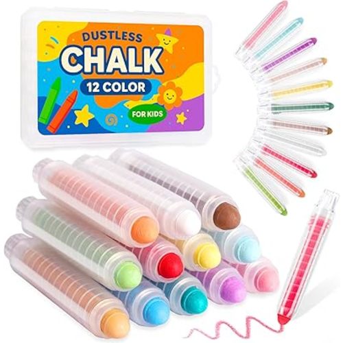 Dustless Chalk for Kids Indoor Chalkboard, 12 Colors Washable Sidewalk Chalk Set with Protective Box, Mess-Free for Drawing on Chalkboards Papers Sidewalks, Gift for Toddlers Boys Girls Ages 3+