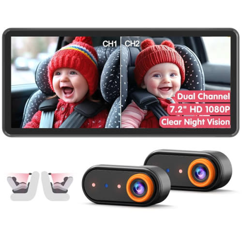 BM5 PRO Baby Car Camera for 2 Kids, 7.2" 1080P Dual Channel Display for Car Seat, Easy Installation with 2 IR Night Vision Cameras, Rear Seat Safety for Babies and Pets