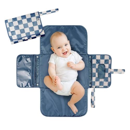 Tiny Twinkle Portable Diaper Changing Pad-Foldable Waterproof Changing Mat&Portable Changing Pad for Travel,Baby Changing Station with Smart Wipes Pocket&Storage (Blue Checkers)