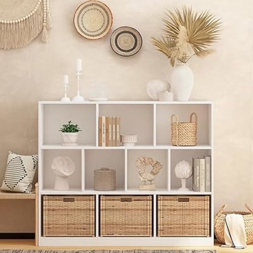 Wooden 10 Cube Book Shelf with Base,3 Tier Freestanding Horizontal Bookshelf, Open Bookcase Cube Shelf Storage Organizer for Bedroom, Living Room, Office, Study Room, White