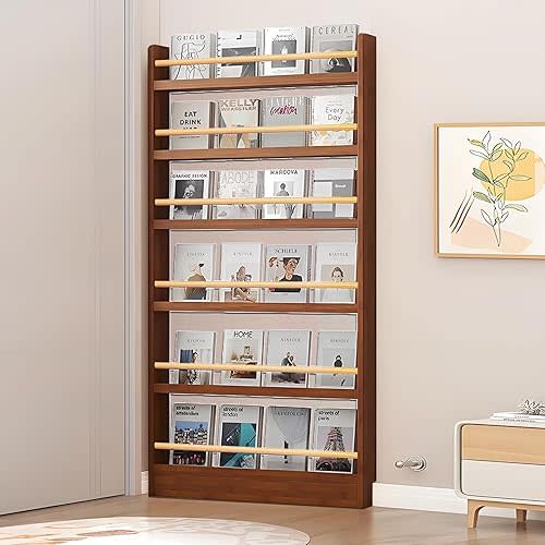 Wooden 3/4/5/6 Tier Behind The Door Bookshelf, Tall Narrow Floor Standing Bookcase, Space-Saving Storage Organizer for Books, Bedroom, Living Room, Office Brown 31.5x3.9x70.2