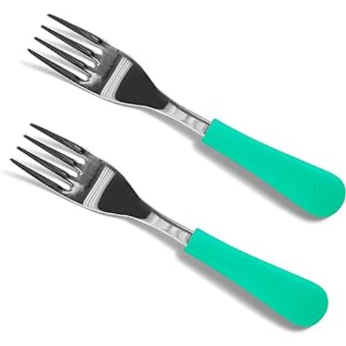 Avanchy Baby Fork Set, Stainless Steel and Silicone Spork Utensils, Toddler Baby Led Weaning Silverware Cutlery Flatware, Kids First Self Feeding 2 Pack, Green Forks