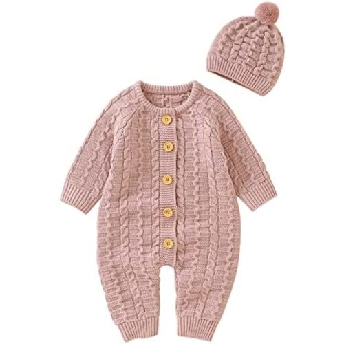 Newborn Baby Girl Boy Cable Knitted Sweater Romper Infant Long Sleeve Bodysuit Knit Cap Hat Set Autumn Winter