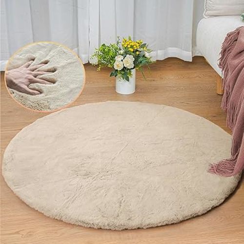 Camel Plush Shag Faux Rabbit Washable Nursery Rug Round 3ft, Beige
