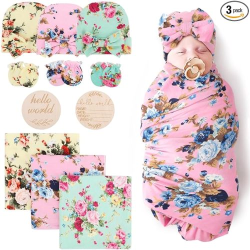 DRESHOW BQUBO Floral Swaddles for Baby Girl Newborn Receiving Blanket with Bow Hat Mittens Wooden Birth Announcement Card Set Baby Floral Print Swaddle Nursery Swaddle Wrap