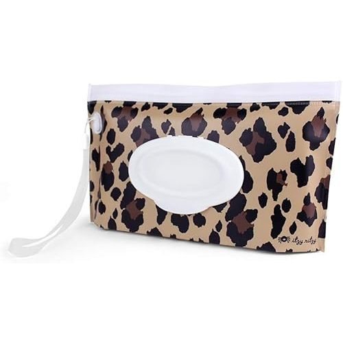 Itzy Ritzy Travel Wipes Case - Reusable Wipe Pouch – Take & Travel Pouch Holds Up To 30 Wet Wipes, Includes Silicone Wristlet Strap, Leopard