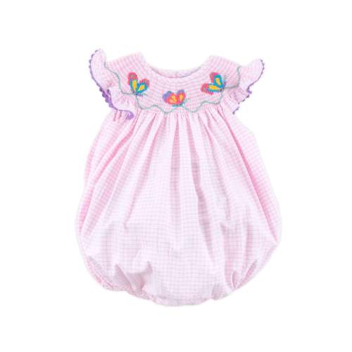 Butterfly Smocked Pink Windowpane Bubble