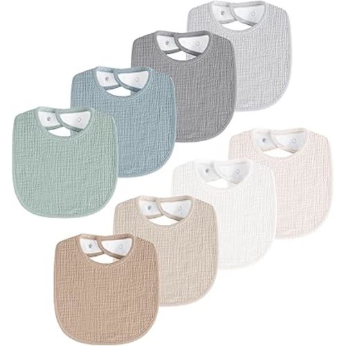 8 Pack Muslin Baby Bibs for Boys Girls, Soft Cotton Baby Bibs for Drooling and Teething, Absorbent & Adjustable Drool Bibs for Infant Newborn
