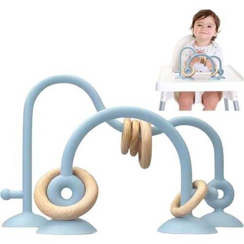 Suction Cup Toys Baby Silicone High Chair Toy with Wooden Rings Educational Montessori Sensory Learning Toys Gift for Kindergarten Bath Airplane Travel Car Toddlers Kids Boys Girls, Blue