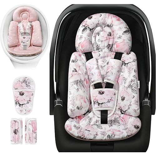 [Upgraded] Infant Car Seat Insert & Newborn Head Support, 3 Strap Covers + Reversible 2-in-1 Design – All Seasons Baby Car Seat Cushion for Stroller, Swing, Rocker, Bassinets