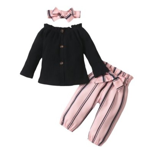 Durtebeua Outfits for Girls Toddler Baby Girl Clothes Floral Outfit Ruffle Sleeve Shirt with Headband 3PC Pant Set Fall Winter Clothing for Girl Black,3-6 Months