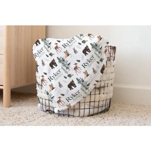 Personalized Woodland Animal Baby Name Custom Blanket Gift Idea For Baby Boy, Newborn Baby Woodland Animal Blanket Photo Prop, Deer Blanket