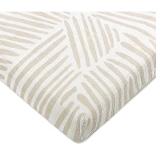 Babyletto 100% Organic Cotton All-Stages Midi Crib Sheet, GOTS-Certified, Fitted 360°, Ultra-Soft and Breathable Muslin - Oat Stripe