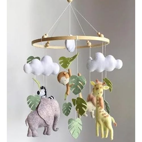 Safari Crib Mobile, Jungle Animal Crib Nursery Decor, Giraffe, Elephant, Monkey, Zebra, Felt Animals, Undefined