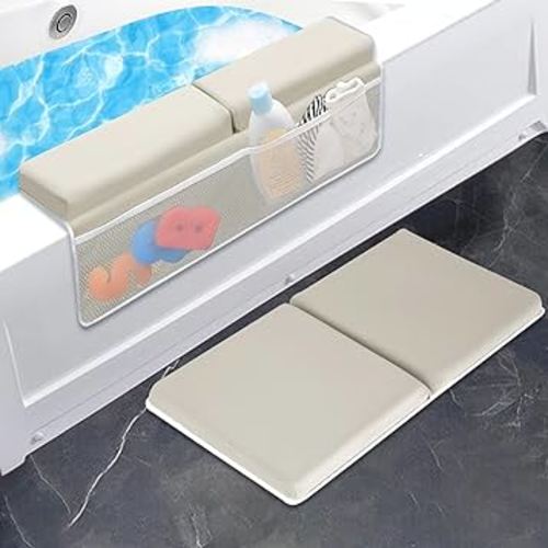 JJGoo Bath Kneeler with Elbow Rest Pad Set, 1.5 inch Kneeling Pad Mat for Bathtub Baby Bathing Parents, Painless Foam Mat with Toy Organizer Pockets, Non-Slip for Baby and Toddler Bathing