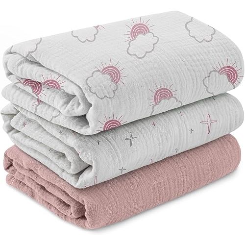 Muslin Swaddle Blankets for Newborn, 3 Pack Breathable Soft Receiving Blanket, Large 38 x 40 inches Swaddle Wrap Burping Clothes Diapers, Essentials Infant Shower Items, Toddler Gift (Clouds & Stars)