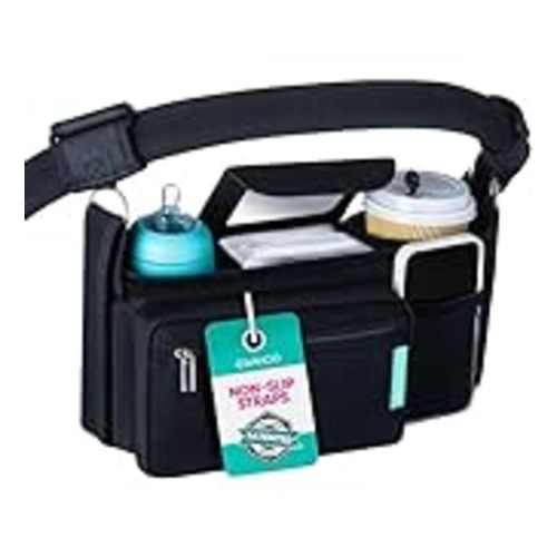 Stroller Organizer Non Slip Straps Stroller Caddy With Cup Holder, Stroller Bag for Phone, Pet Stroller Accessories, Universal Fits Uppababby Vista v2 Wonderfold Wagon, Doona and More - Black