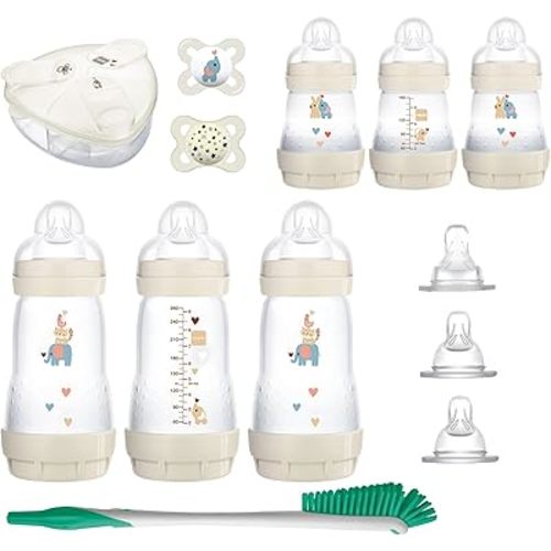 MAM Baby’s First Gift Set, 0+ Months, 5oz and 9oz Anti-Colic Bottles with Self-Sterilization, SkinSoft Silicone Nipples and Pacifiers, Dishwasher Safe Formula Dispenser and Bottle Brush, Unisex