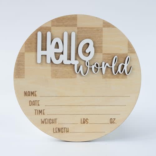 Hello World Baby Birth Stats Sign, 6.2 inches, Wood Engraved Hospital Announcement Board with Flower (BBL2)