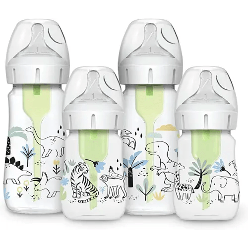 Dr. Brown’s Natural Flow® Anti-Colic Options+™ Wide-Neck Baby Bottle Designer Edition Bottles, Dinosaur and Jungle Design, 9 oz and 5oz, Level 1 Nipple, 4-Pack, 0m+