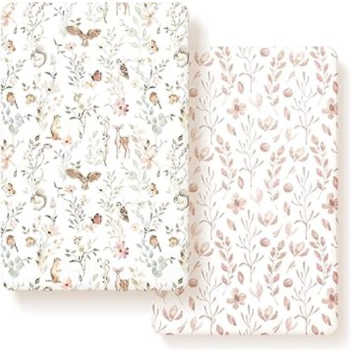 Pack n Play Sheets FItted 2 Pack, Stretchy Ultra Soft Jersey Knit Pack and Play Sheets, Universal Fitted Portable/Mini Crib Mattresses Snug and Safe, Beautiful Blush Pink Floral and Cute Animals Print