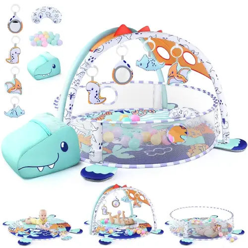 5-in-1 Baby Play Mat - Dinosaur Themed Activity Gym for Babies 0-6 Months with Ball Pit, Detachable Sensory Toys, Pillow, Machine Washable