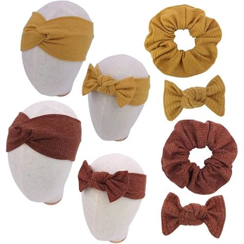 Mommy and Me Headband Set Mother Baby Matching Turban Headband for Toddler Baby Girls Women Scrunchies Hair Bow Hairbands (Mustard and Golden Brown)